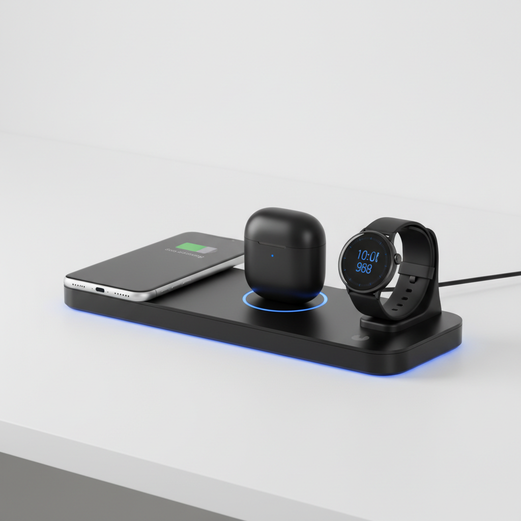 3-in-1 Wireless Charging Station with phone, earbuds and smartwatch